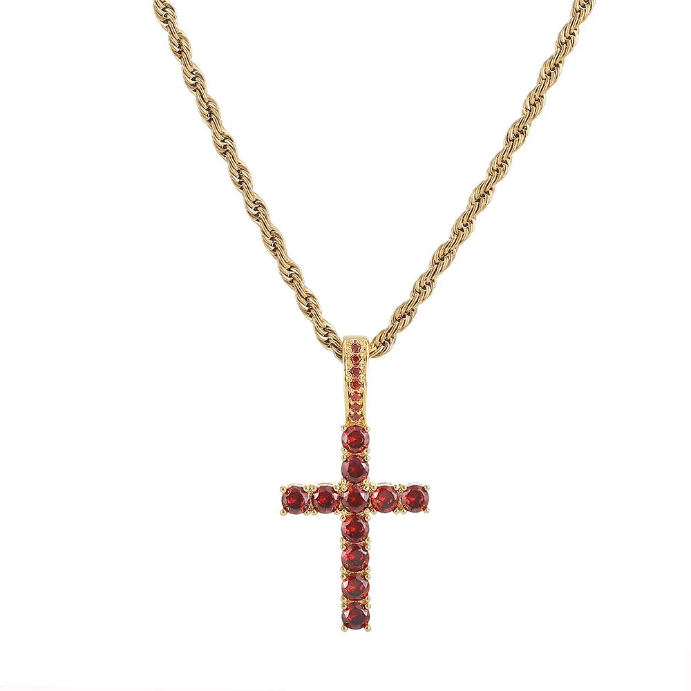Two-Tone Iced Out Cross Pendant Red Zircon