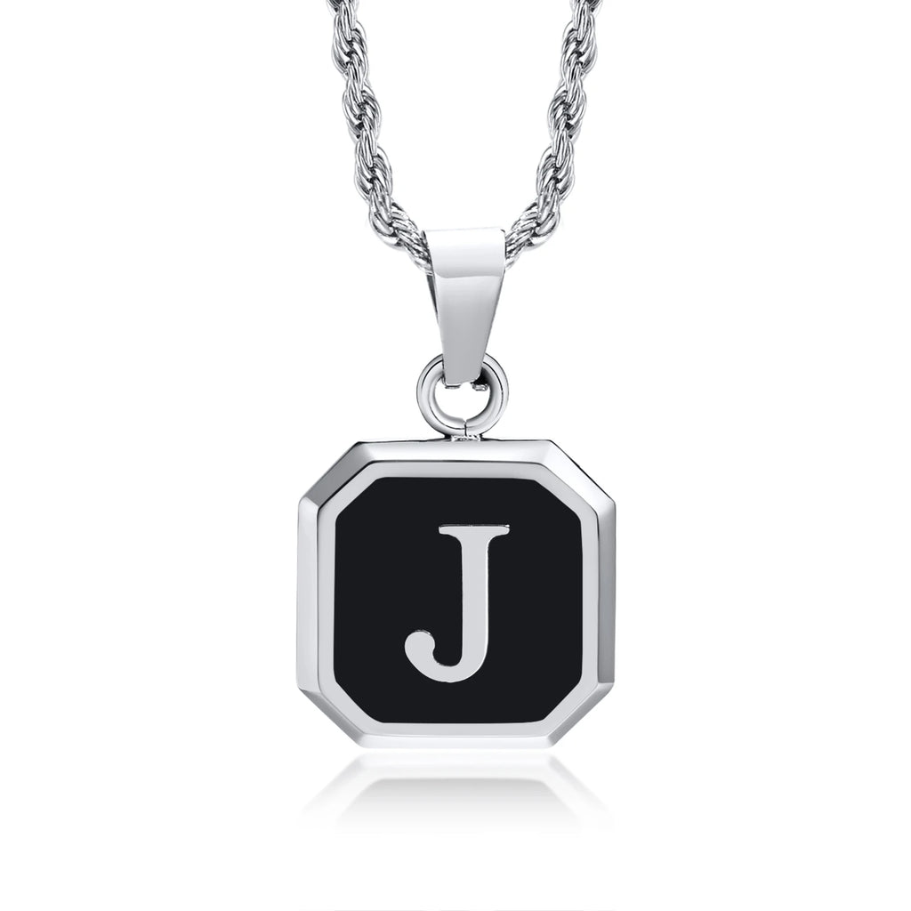 Initials Necklaces for Men Women,A-Z 26 Letters Black Square Stainless Steel Pendant Collar,45-60CM Twisted Rope Chain