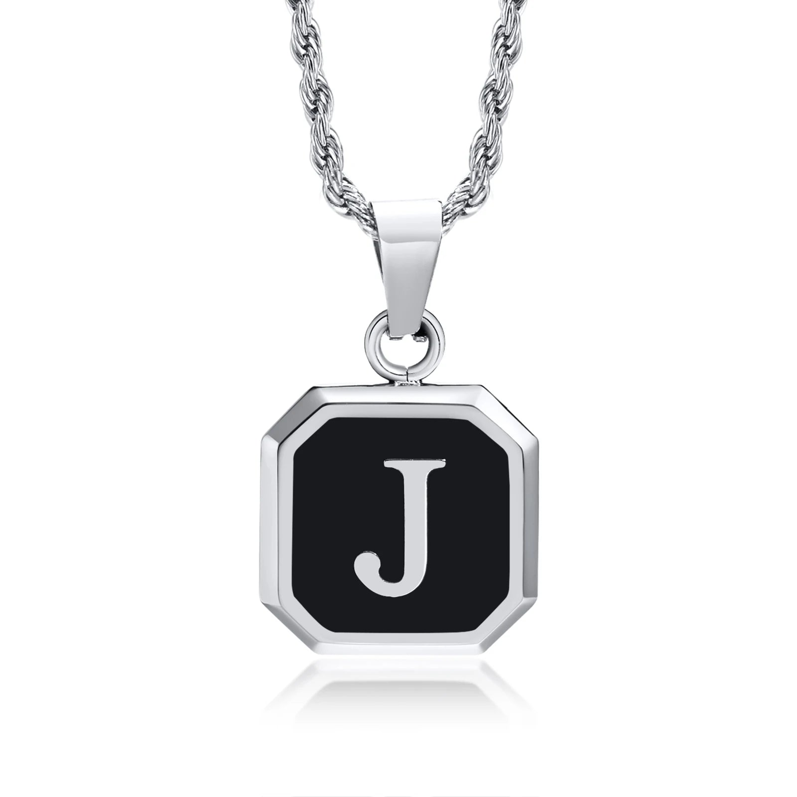 Initials Necklaces for Men Women,A-Z 26 Letters Black Square Stainless Steel Pendant Collar,45-60CM Twisted Rope Chain