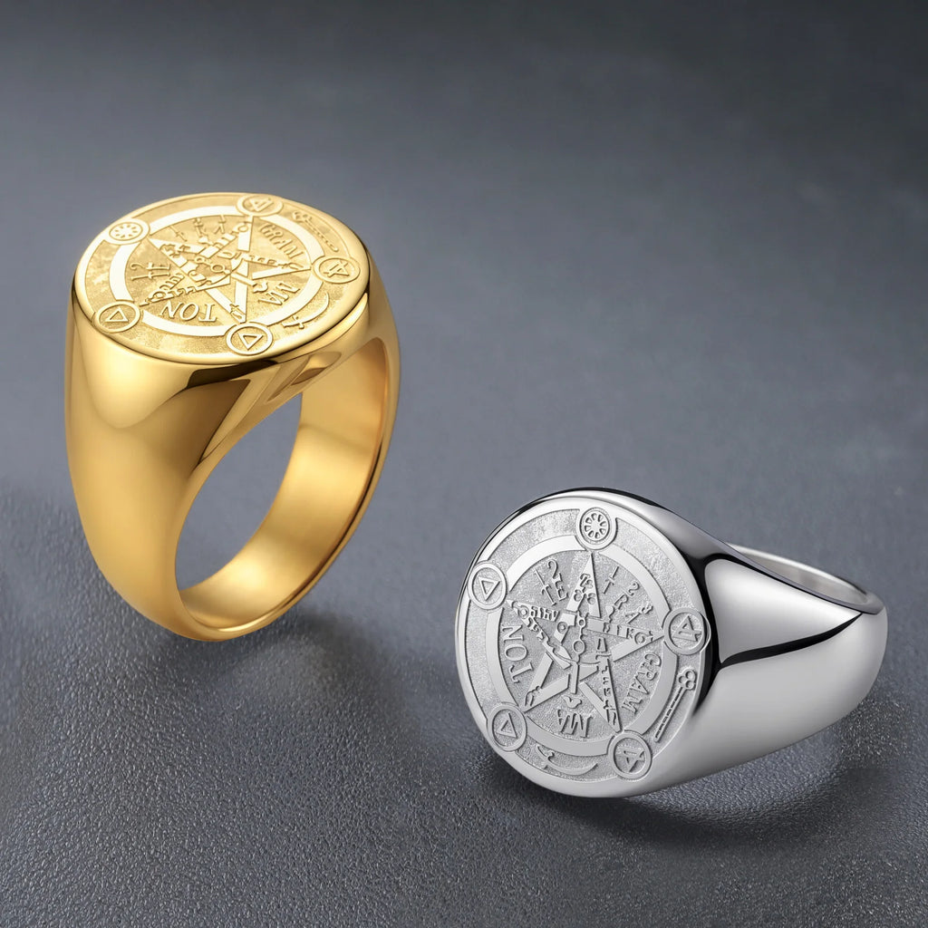 Kkjoy Stainless Steel Solomon Pentagram Magic Rune Signet Ring Vintage Occult Symbol Band Mens Jewelry Gift For Occult
