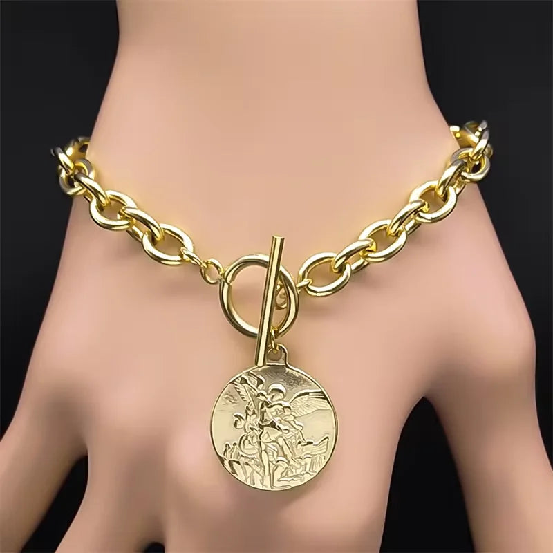 Saint Michael Angel Necklace Bracelet Set — Gold