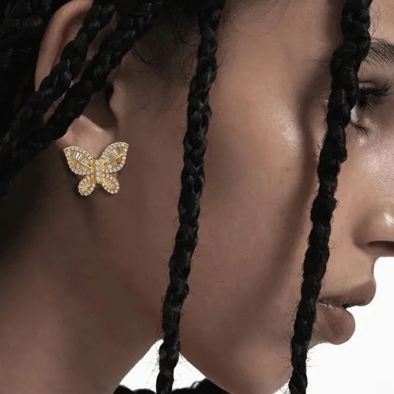 Gold Iced Out Butterfly Stud Earrings Statement