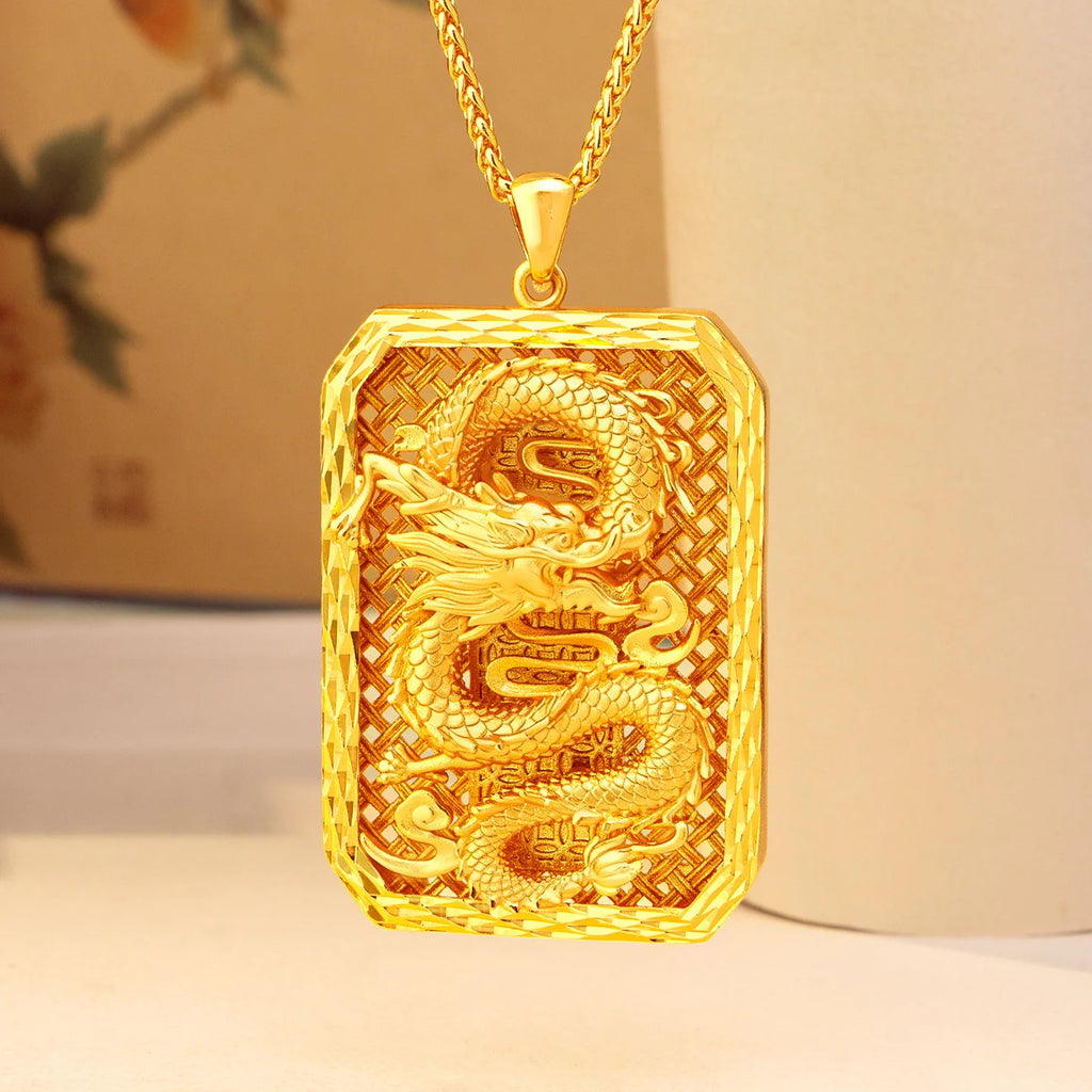 24K Gold Dragon Pattern Pendant Necklace