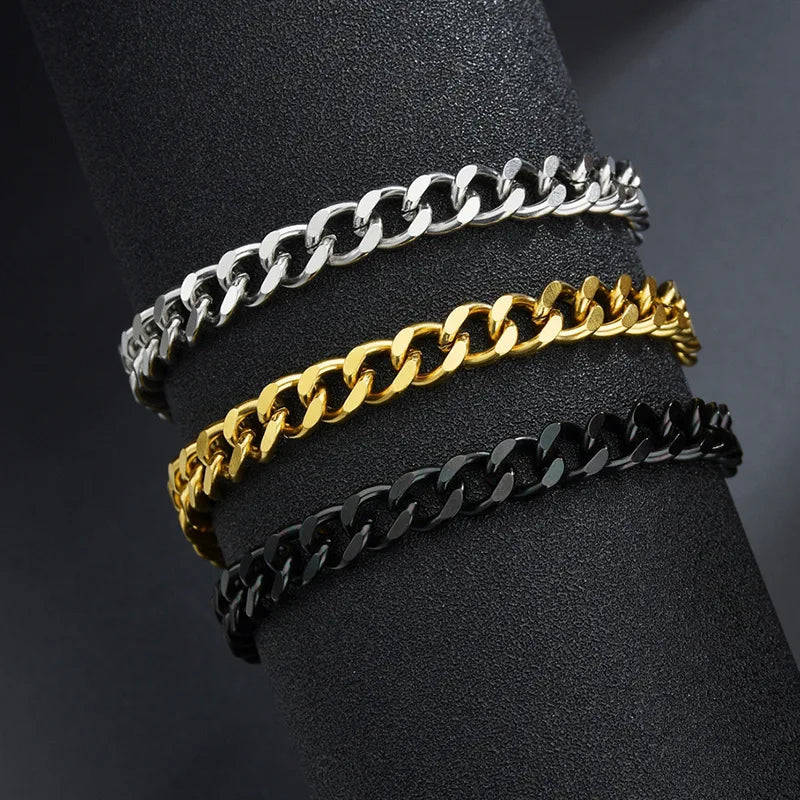 3-7mm Chunky Miami Curb Chain Bracelet for Men, Stainless Steel Cuban Link Chain Wristband Classic Punk Heavy Male