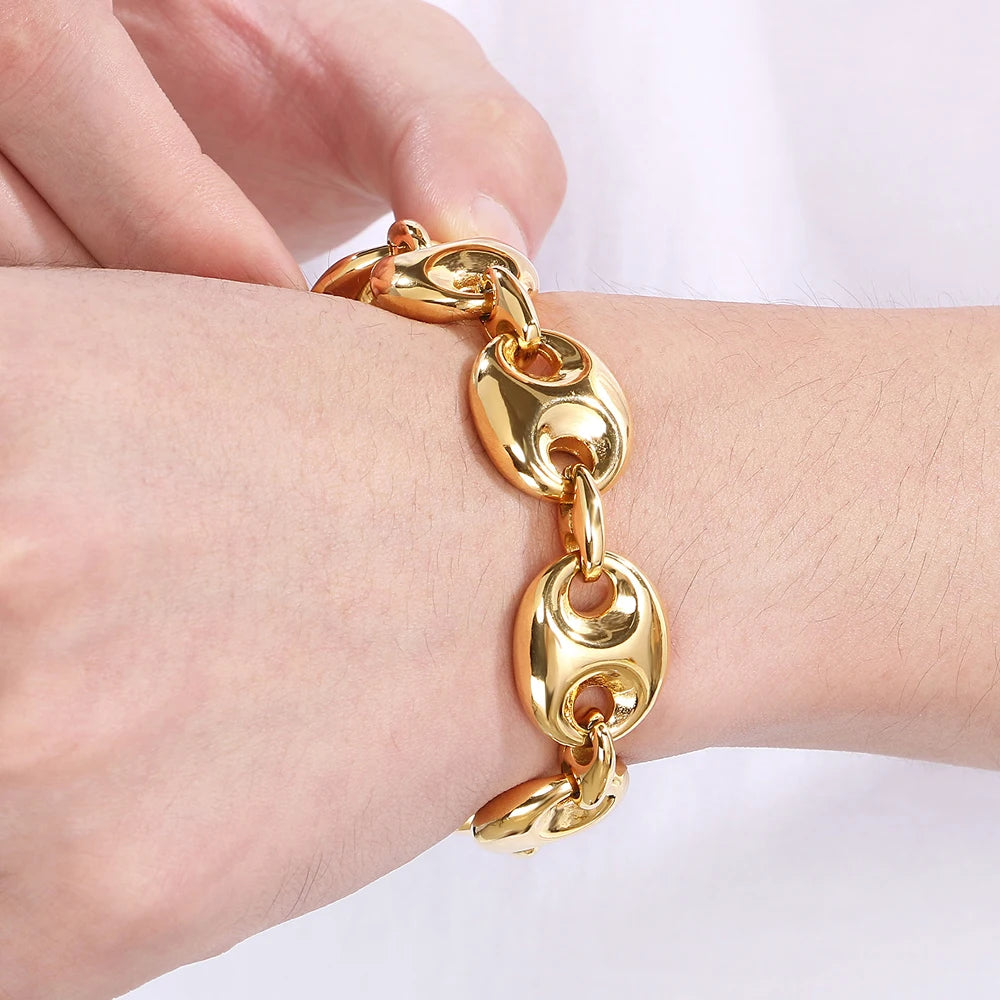 Luxury Gold Color Man Bracelets for Men 316L Stainless Steel 19MM Width Coffee Bean Style Chain Men's Bracelets