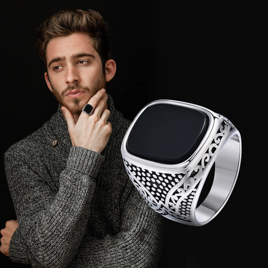 Onyx Stone Signet Pinky Ring — Stainless Steel
