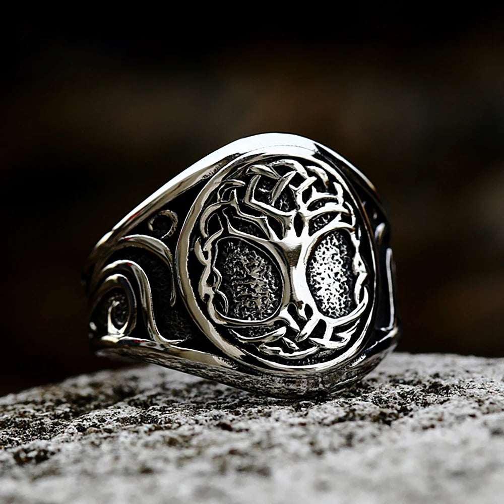 Vintage Viking Tree Of Life Ring For Men Nordic Mythology Stainless Steel Yggdrasils Ring Fashion Amulet Viking Jewelry Gift