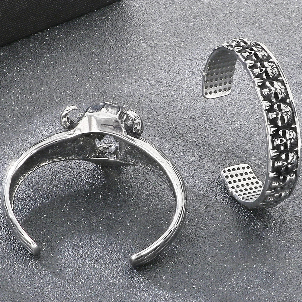 Cool Gothic Viking Skull Head Bracelet for Men Solid Stainless Steel Bangle Bracelets Opening Cuff Punk Rock Jewelry