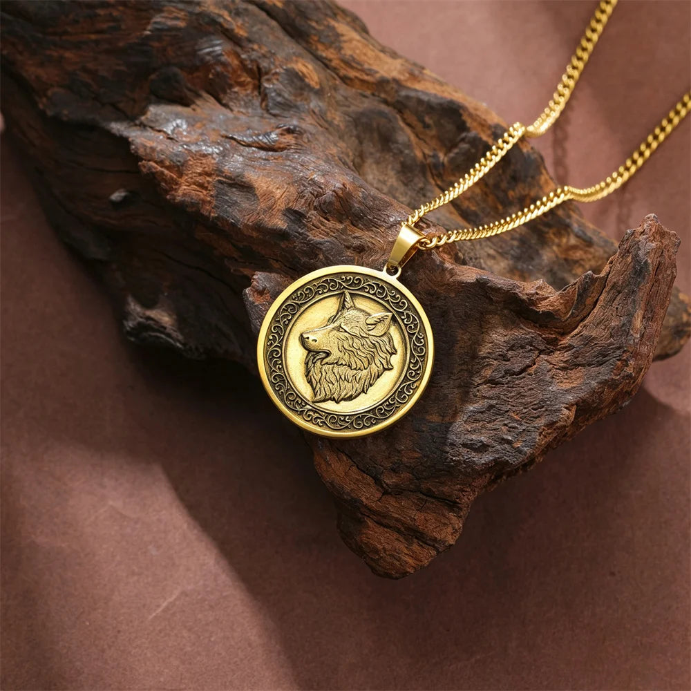 Vintage Wolf Head Necklace Brass 3D Embossed Wolf Coin Pendant Stainless Steel Chain Norse Animal Totem Jewelry Gift