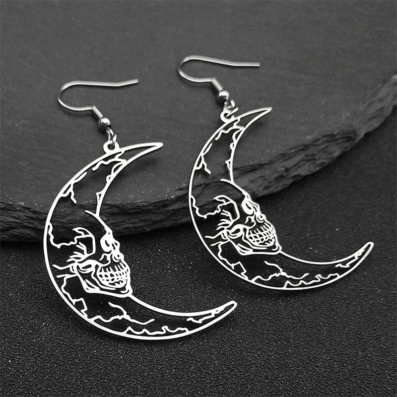 Gothic Skull Steel Earrings Crescent Moon Skeleton