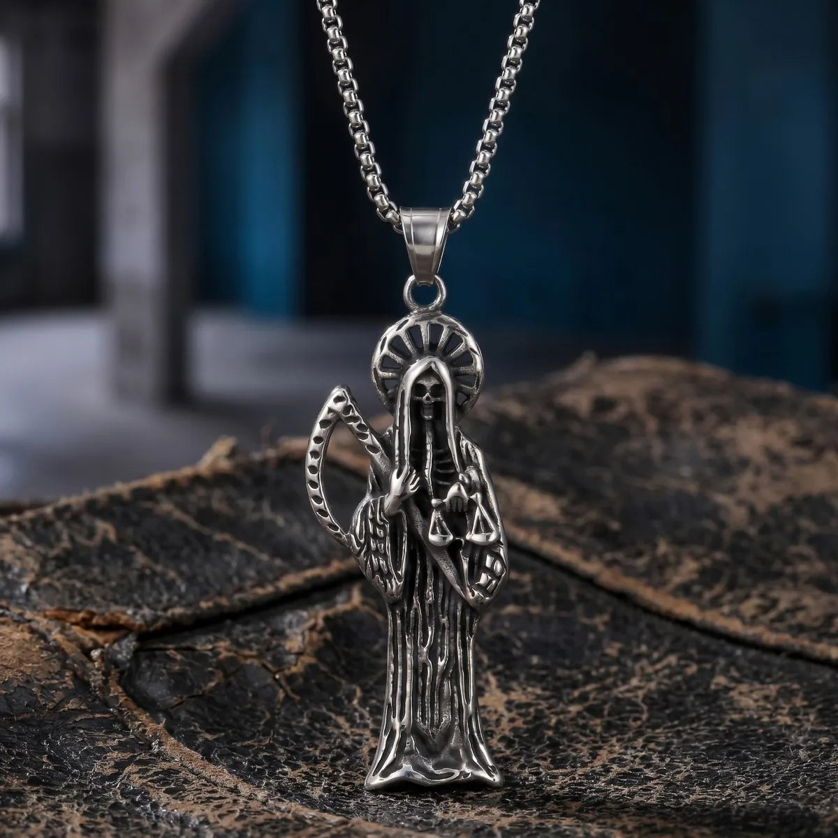 Silvery Stainless Steel Santa Muerte Grim Reaper Scales Pendant Necklace Gothic Mexican Dark Religious Jewelry Gift For Men Wome