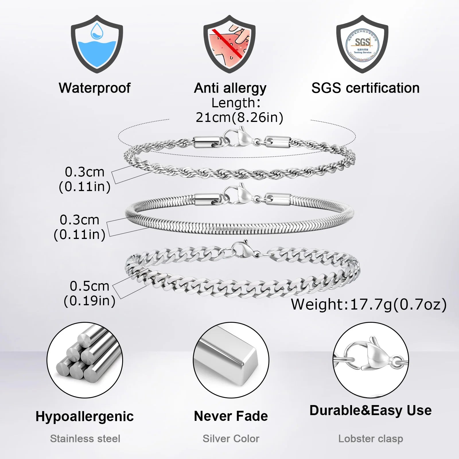 Cuban Chain Bracelet Set 3pcs — Stainless