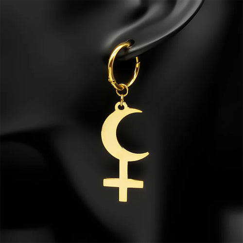 Cross Moon Gold Earrings Crescent Inverted Astrological