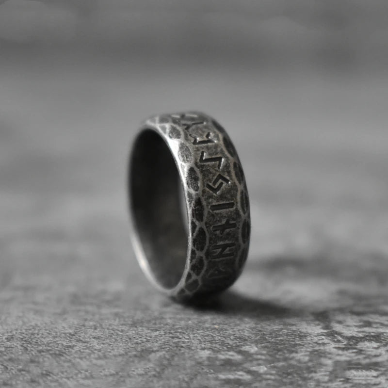 Ancient Rune Black Metal Ring 8mm Wide Stainless Steel Viking Ring with Old Norse Inscriptions Gothic Gift for Him & Her