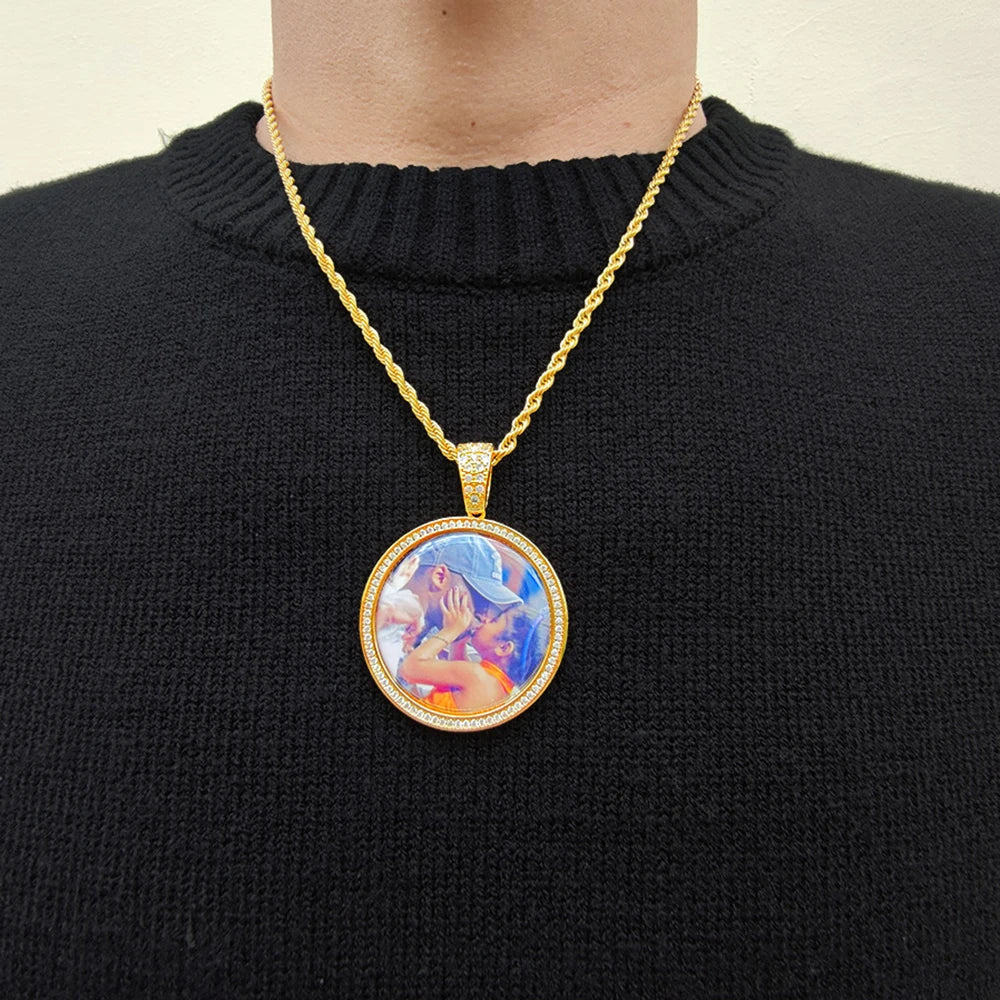 Iced Out Photo Pendant Necklace Stainless Steel
