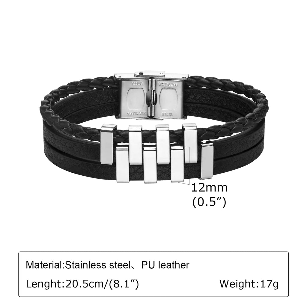 Leather 3-Layer Black Bracelet — Stainless Steel