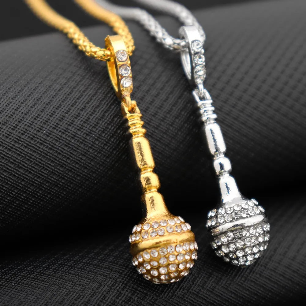 New Personality Gold-Plated Microphone Necklace Man Woman Hip Hop Rock-Encrusted Microphone Pendant Accessories Party
