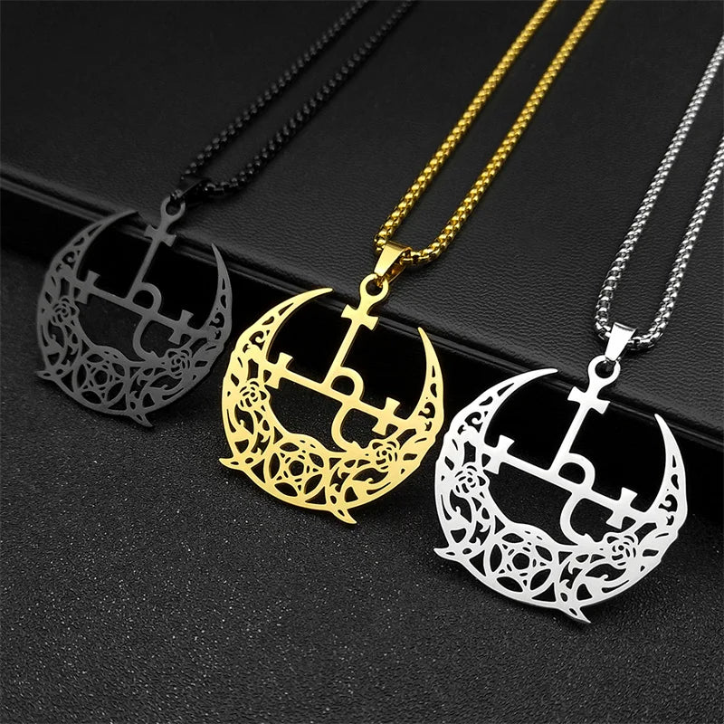 Star Demon Gold Pendant Wicca Triple Moon Crescent