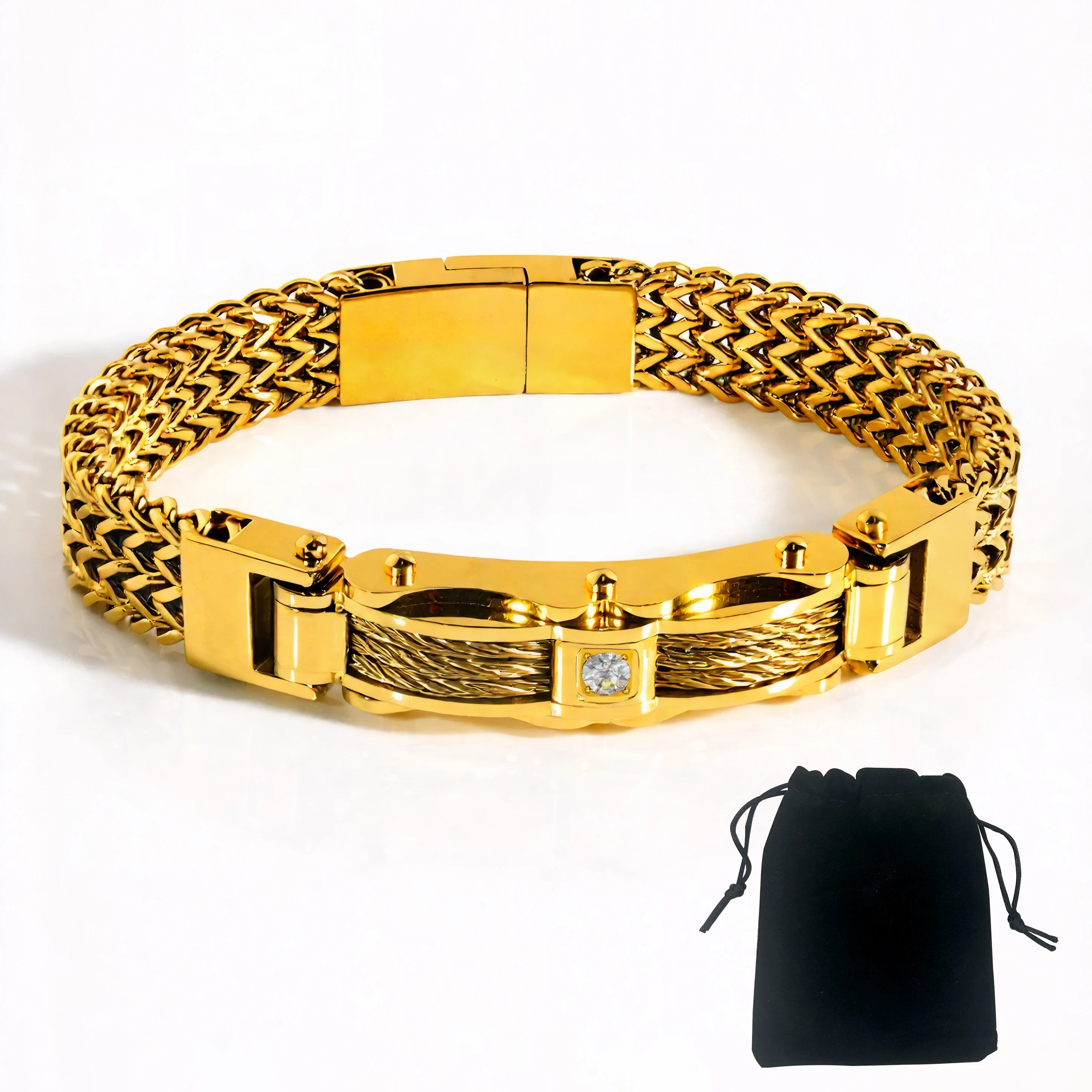 Punk Stainless Steel Bracelet 21 Cm Franco Link Chain Inlaid With Large-Grained Zircon Magnet Clasp
