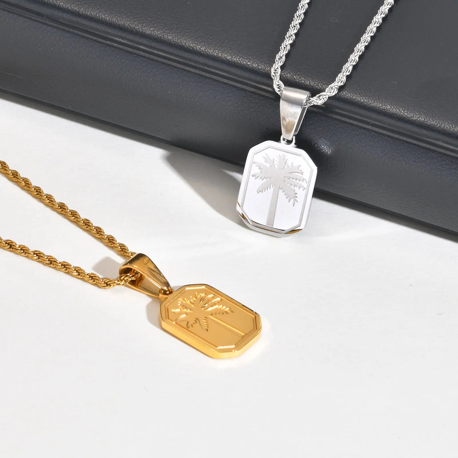 Palm Tree Square Pendant Necklace — Stainless Steel