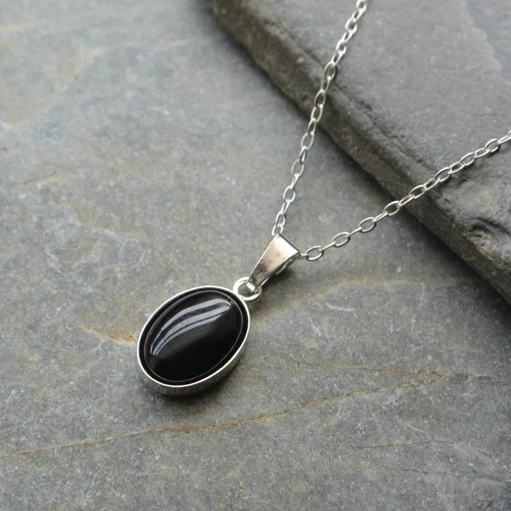 Retro Minimalism Stainless Steel Egg Oval Purple Black Onyx Pendant Necklace for Women Sliver Color Collar Chain