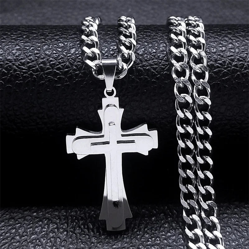 Cross Layered Pendant Necklace — Stainless Steel