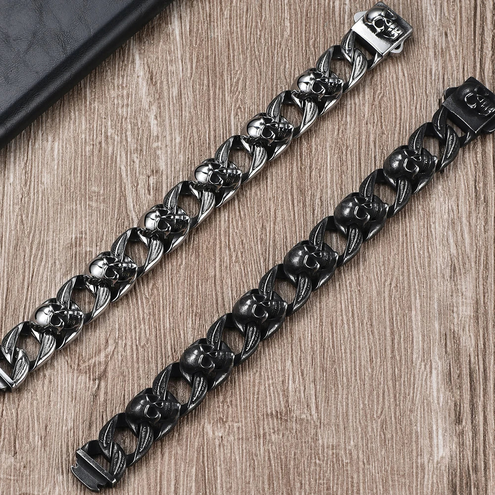 Punk Goth Matte Black Man Men's Bracelets Of Skull Head Cuban Link Chain Stainless Steel Skeleton Jewelry Boys Male