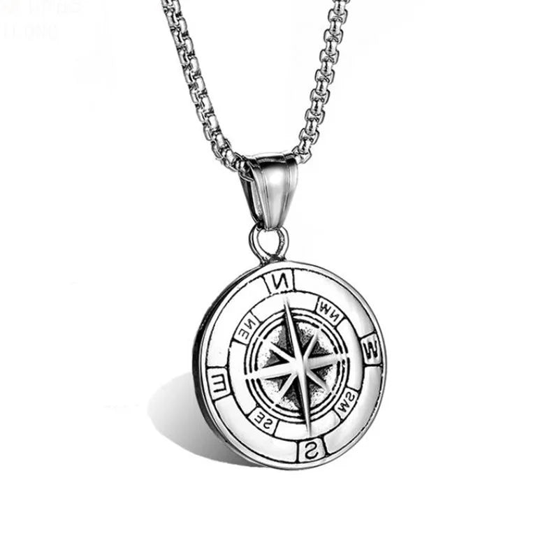 Viking Compass Pendant Necklace Silver Stainless Steel