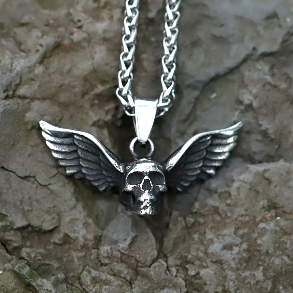 NEW Men's 316L stainless-steel Vintage Angel wing skull Rock Pendant Necklace for teens punk Jewelry free shipping