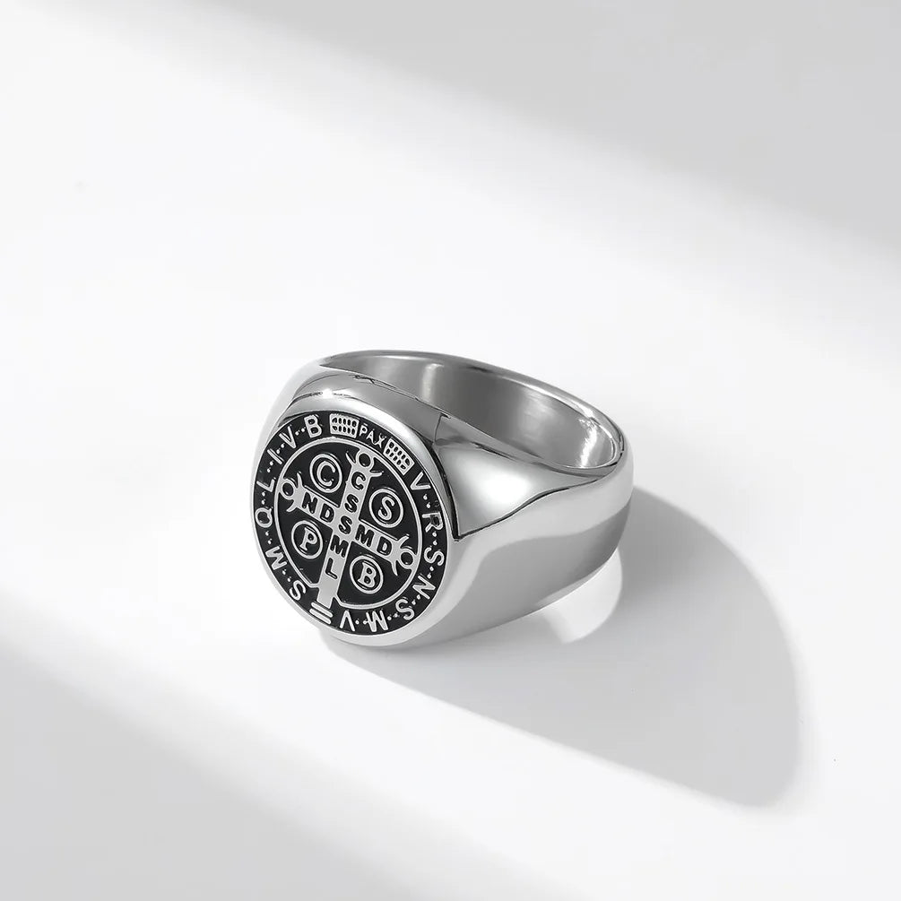 Vintage Christian St. Benedict Cspb Cross Ring For Men Punk Hip Hop Stainless Steel Jesus Ring Jewelry Creative Gift