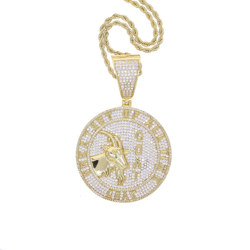 Hip Hop 5A+ CZ Stone Bling Ice Out Goat Round Pendants Necklace for Men Rapper Jewelry Gold Silver Color