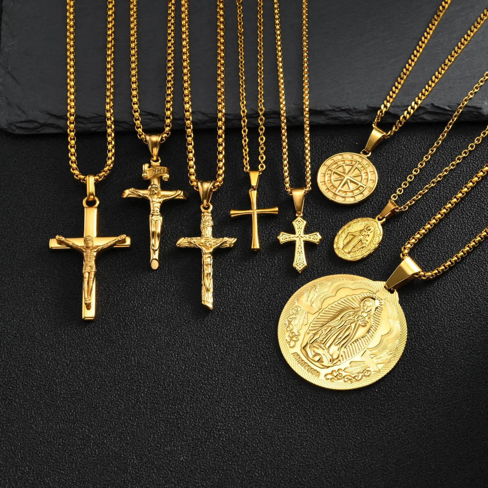 Men's Stylish Gold Color Necklace, Stainless Steel Geometric Cross Pendant Necklace, Vintage Fashion Jewelry Gift to