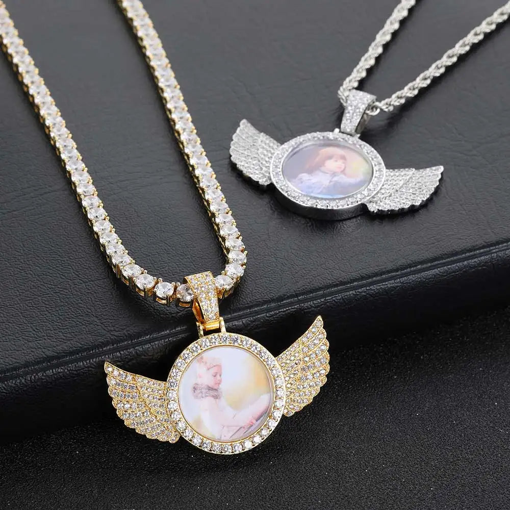 Angel Wing Photo Pendant Necklace Iced Out CZ