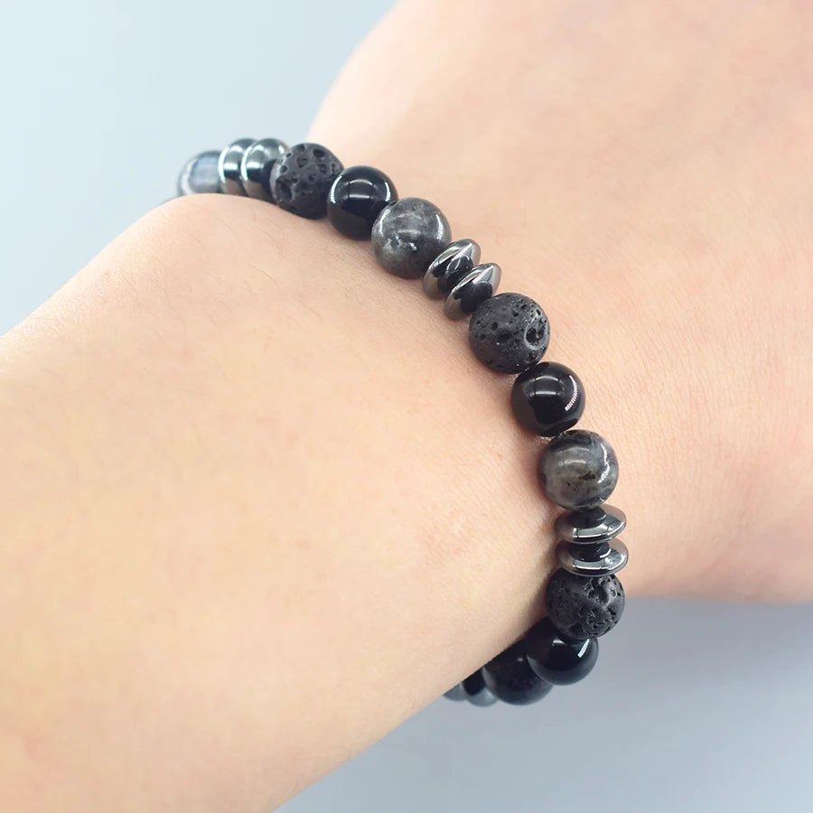 Classic Black Natural Labradorite Volcanic Stone Round Bead Bracelet Health Protection Wealth Luck Accessory Men 팔찌