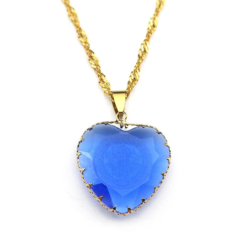 Saint Benedict Blue Heart Necklace — Stainless Steel
