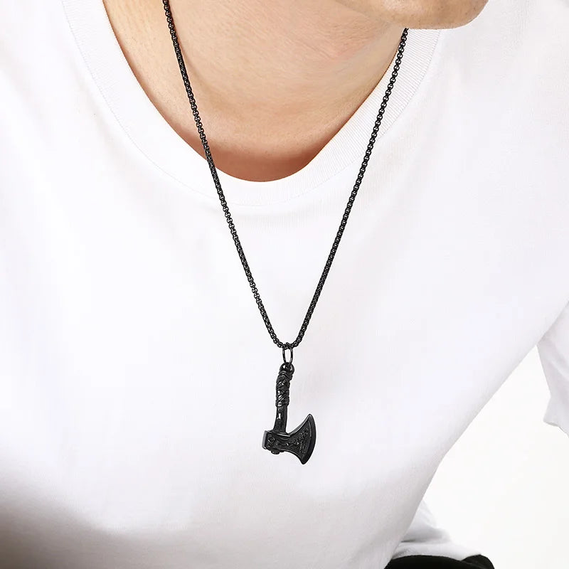 KALEN Stainless Steel 304 Nordic Viking Thor Hammer and Axe Crow Totem Pendant Necklace For Men - KP117768-LU