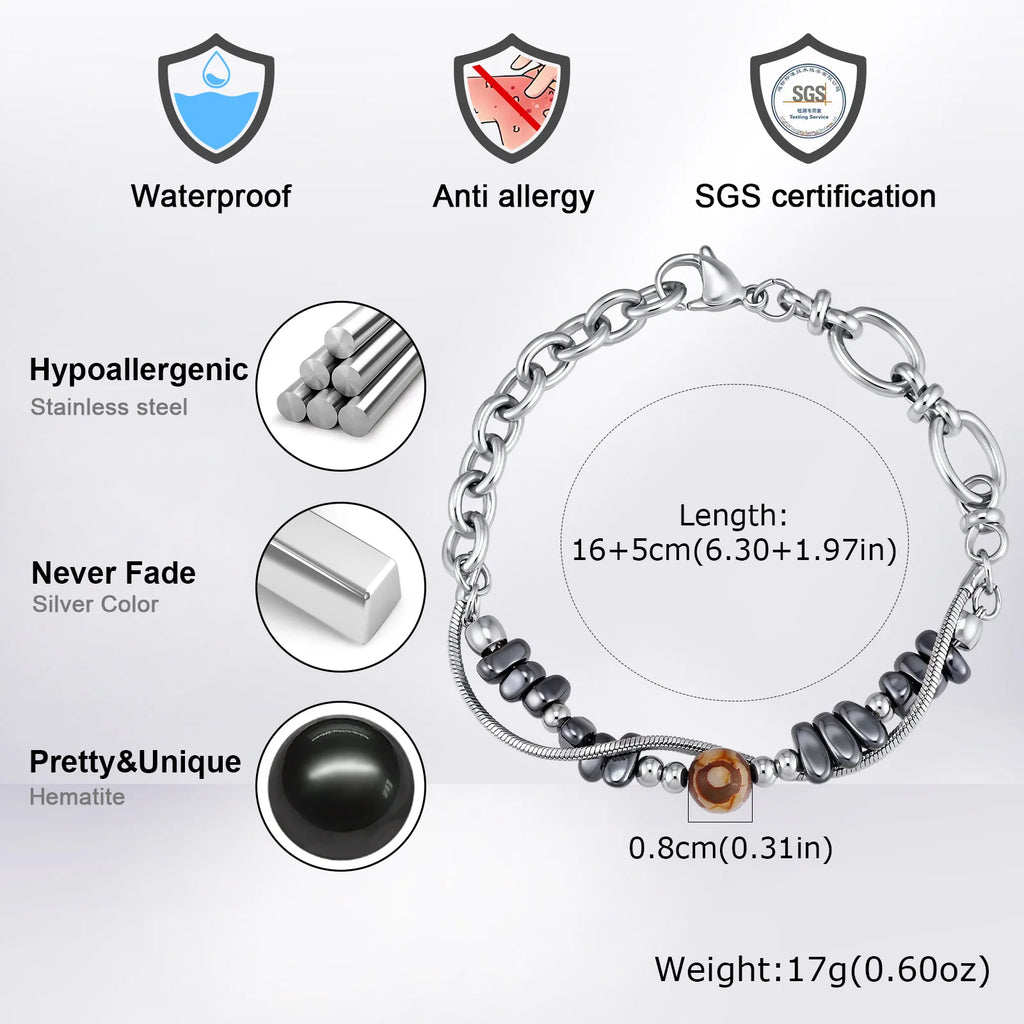Double-Layer Black Natural Stone Bead Bracelet — Stainless Steel