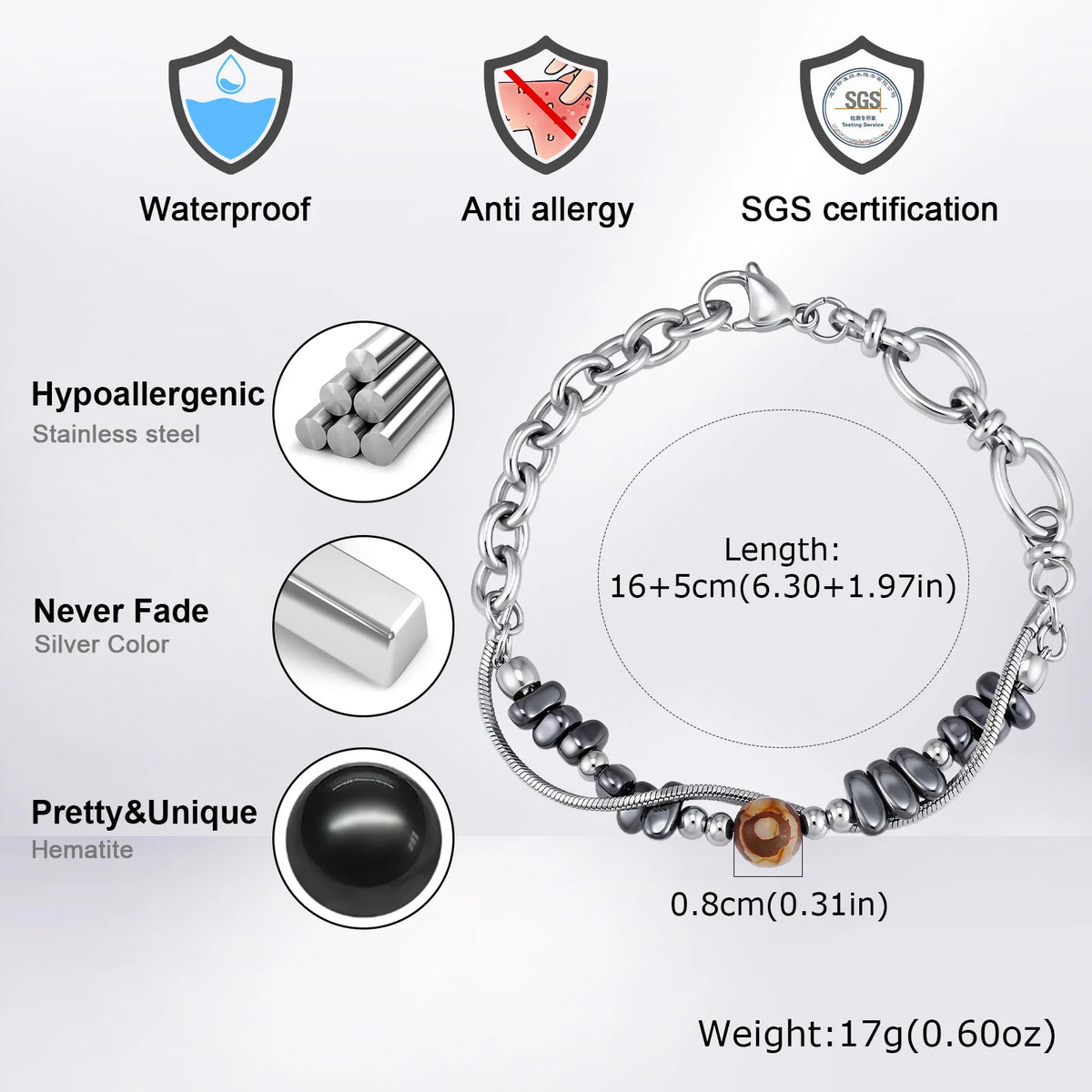 Double-Layer Black Natural Stone Bead Bracelet — Stainless Steel