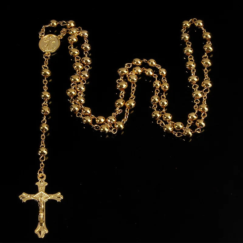 Gold Color Bead Rosary Necklace For Women High Quality Rosary Beautiful Cross Pendant Rose Necklace Jewelry Gift