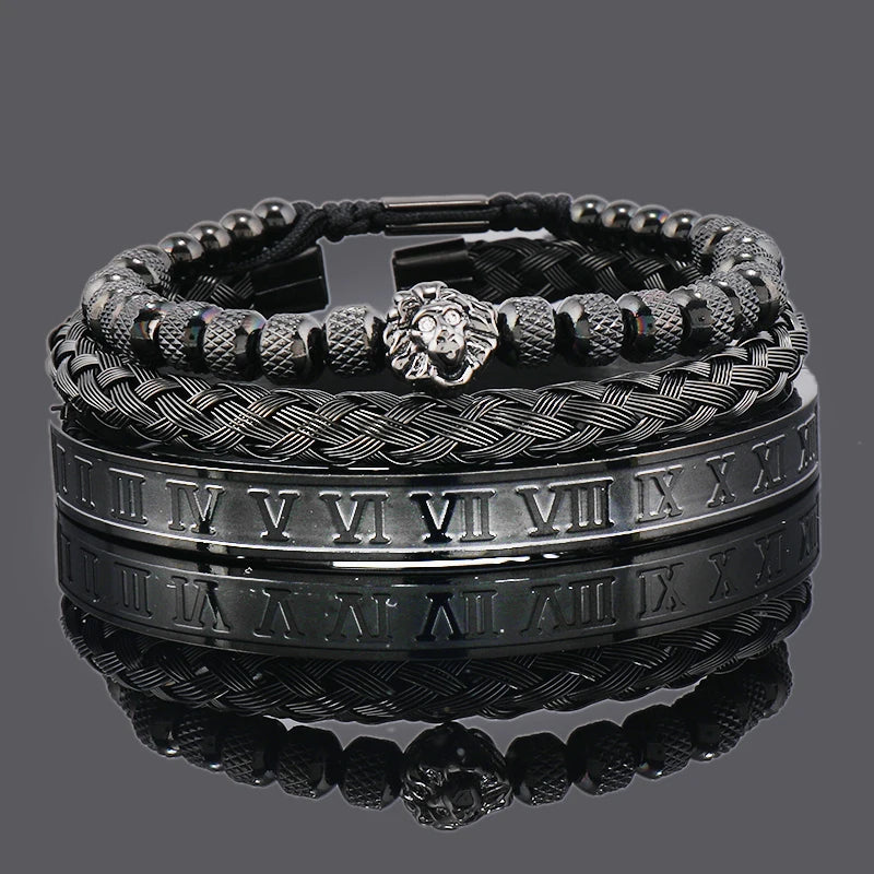 Lion Head Beaded Bangle Bracelet Set — Stainless Steel