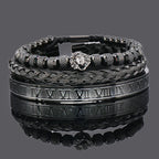 Lion Head Beaded Bangle Bracelet Set — Stainless Steel