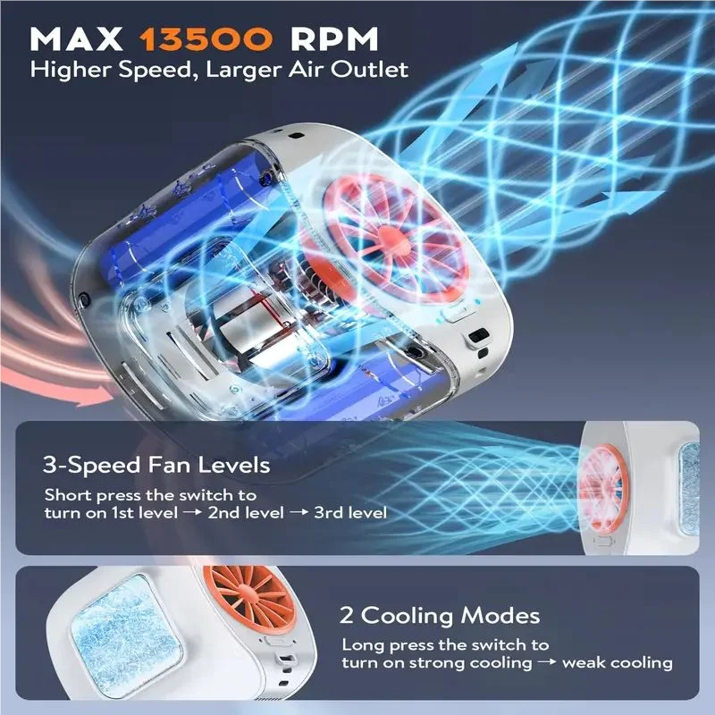 10000mAh Portable Waist Fan with 2 Detachable Straps & Semiconductor Cooling Plate - 13500RPM Hands-Free Wearable