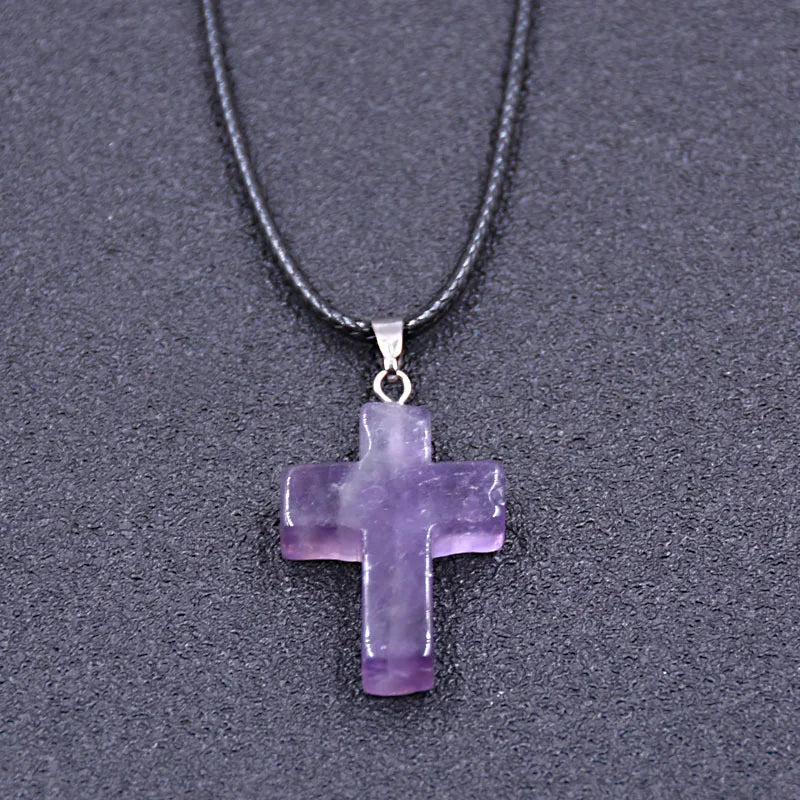 Tiny Natural Stone Turquoise Opal Cross Pendant Necklace With Stones Women Leahter Chain Choker Female Jewelry Party Girls Gift