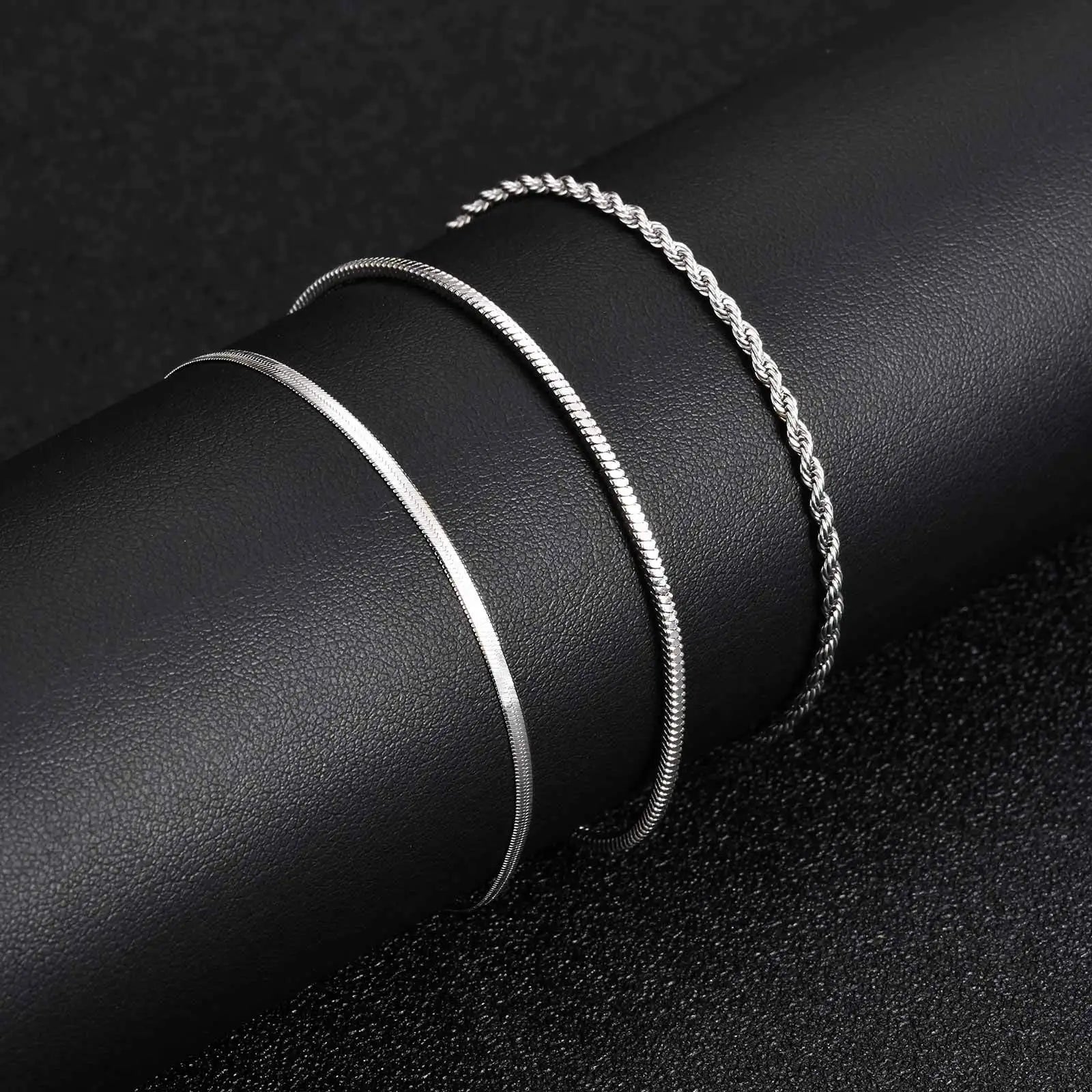 Thin Chain Bracelet Set 3pcs — Silver