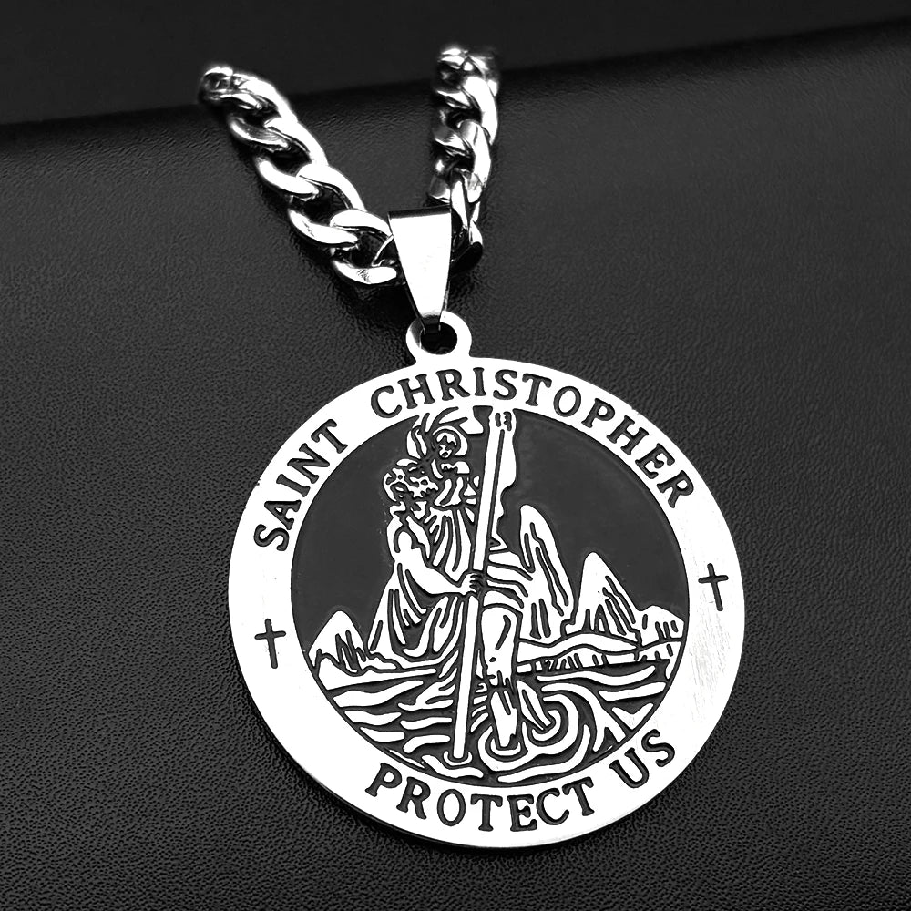 Saint Christopher Protect Us Enamel Medal Pendant Necklace for Women Men Stainless Steel Christian Chain Amulet Jewelry