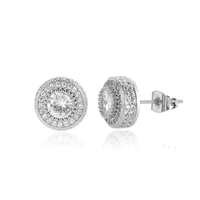 Iced Out Round Geometric CZ Stud Earrings — Full Pavé Studs