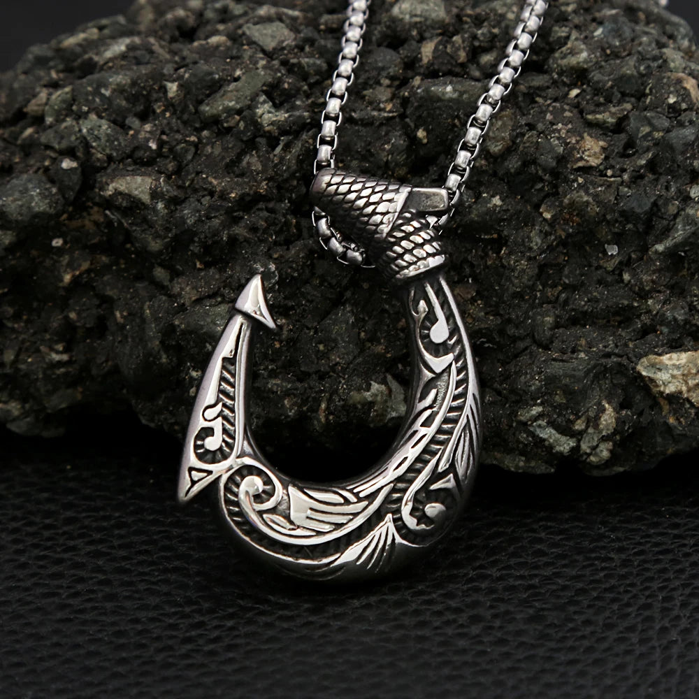 Tribal Swirl Fish Hook Stainless Steel Pendant Necklace Coastal Protective Marine Themed  Men Fishing Beach Casual Holiday Gift