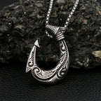 Tribal Swirl Fish Hook Stainless Steel Pendant Necklace Coastal Protective Marine Themed  Men Fishing Beach Casual Holiday Gift