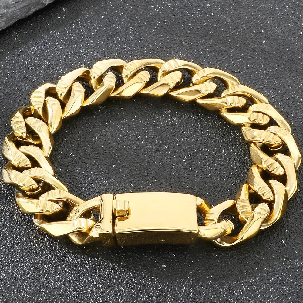 Men's Hip Hop Stainless Steel Cuban Link Bracelets Classic 16MM Width Vacuum Plated Chunky Chain Bracelet for Man Never