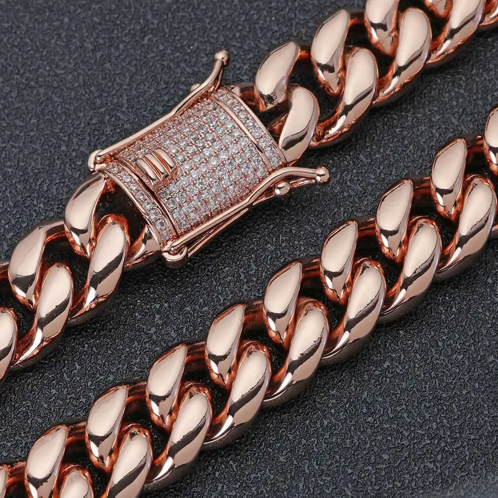 Rose Gold Cross Pendant Necklace Cuban Chain